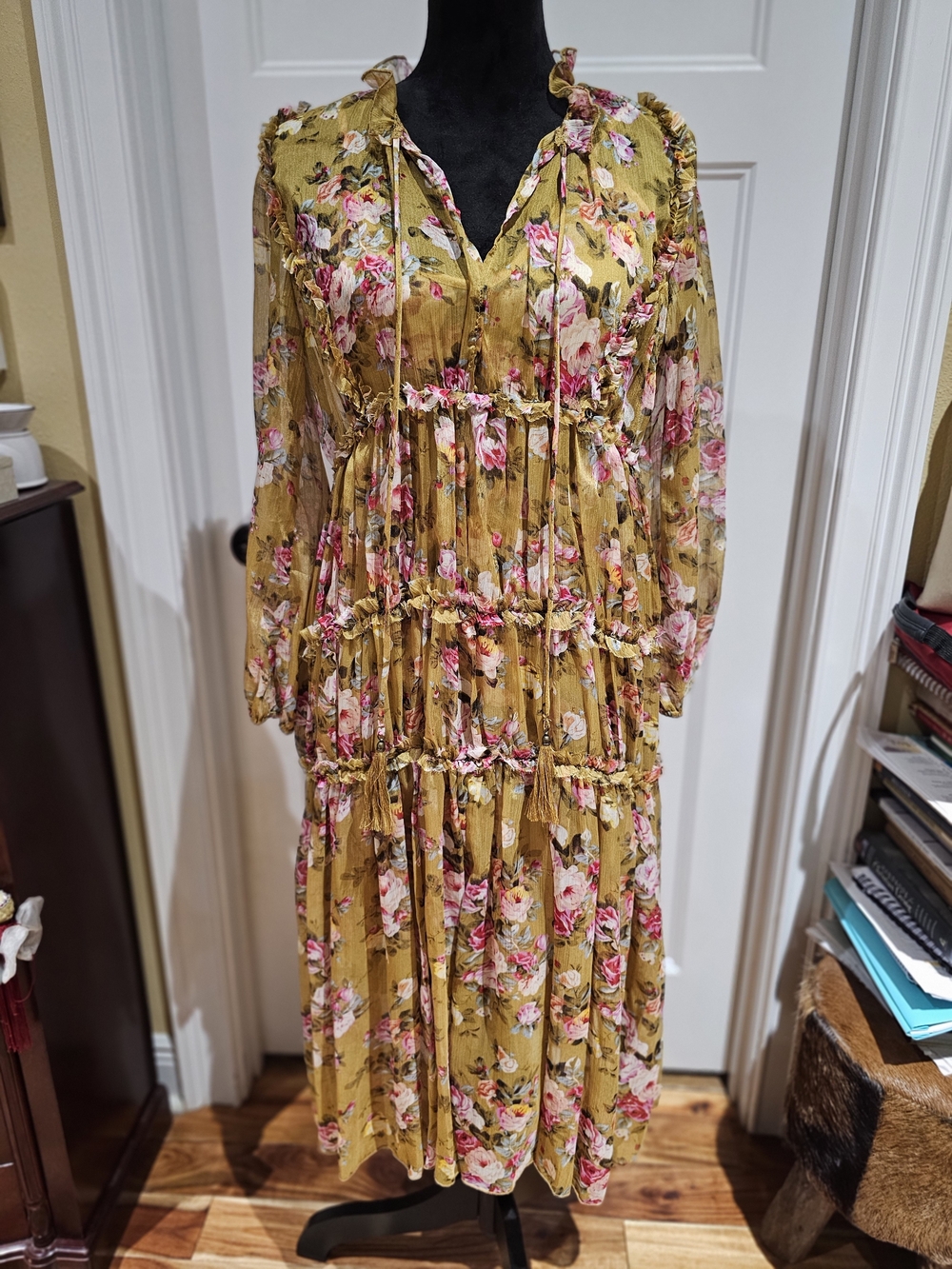 Mustard Floral Tiered Maxi Dress with Ruffle Neckline, NWT